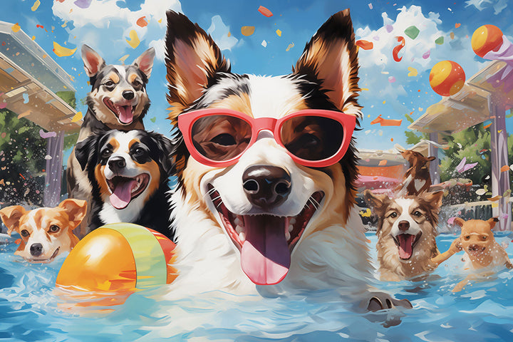 Colorful illustration of happy dogs in sunglasses enjoying a pool party, perfect for puppy-themed puzzles.