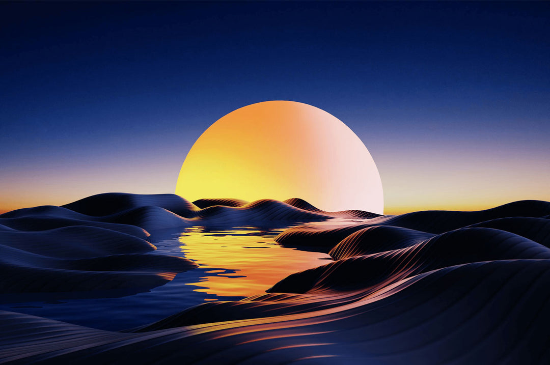 Sunset Desert 500/1000 piece puzzle artwork featuring a tranquil sunset over rolling sand dunes.