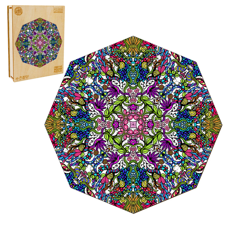 Colorful octagon doodle art by Lori Anne McKague, featuring intricate floral patterns and vibrant designs.