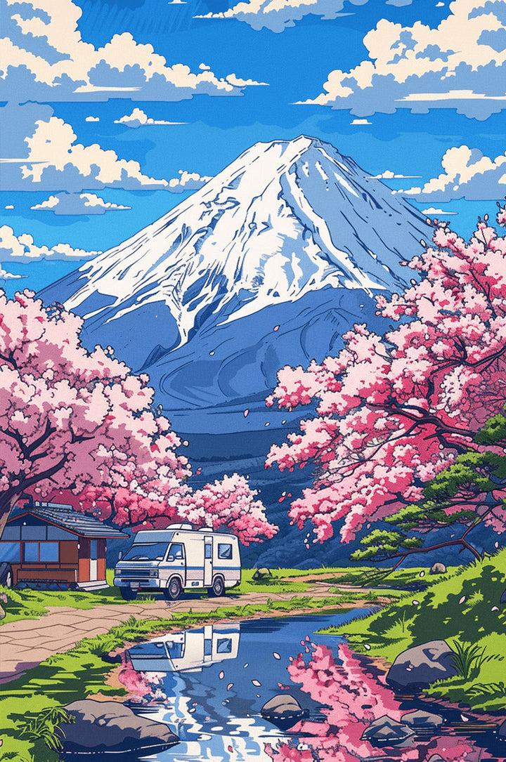Colorful illustration of Mount Fuji surrounded by cherry blossoms and a serene landscape with a camper van.
