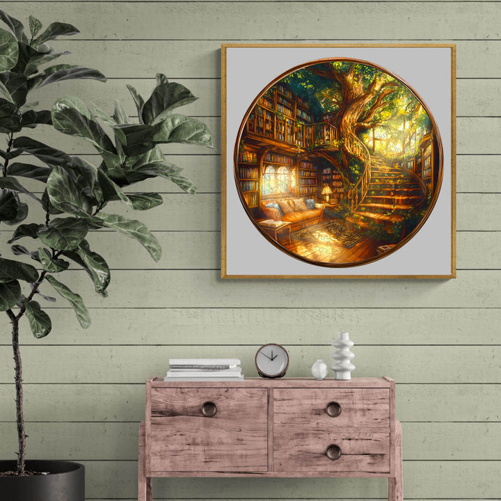 Charming Bookstore wooden jigsaw puzzle with a cozy library and tree design, perfect for brain teaser enthusiasts.