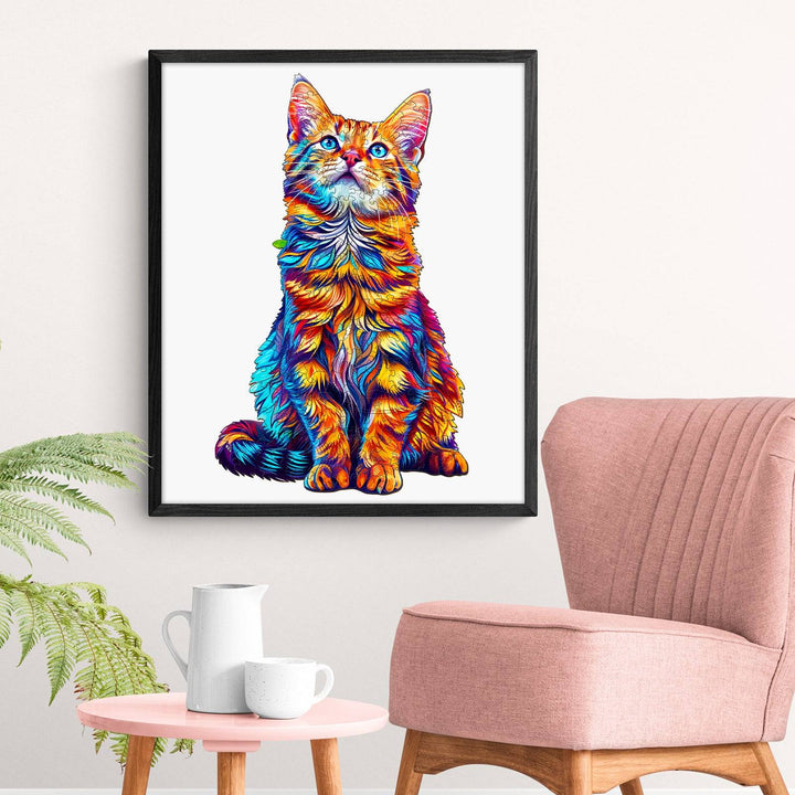 Colorful Bengal cat artwork in a modern interior setting with a pink chair and plants.