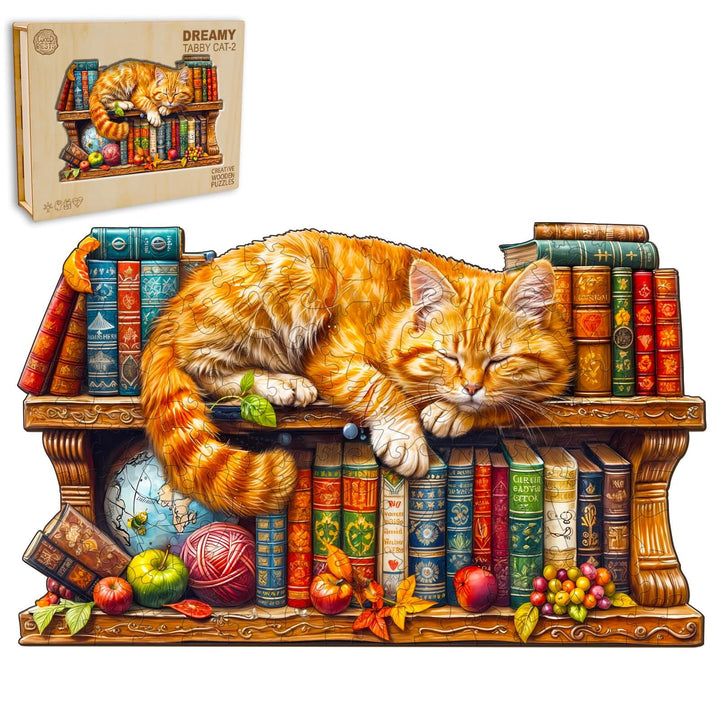Dreamy Tabby Cat-2 wooden jigsaw puzzle featuring a sleeping cat on a bookshelf filled with colorful books and fruits.