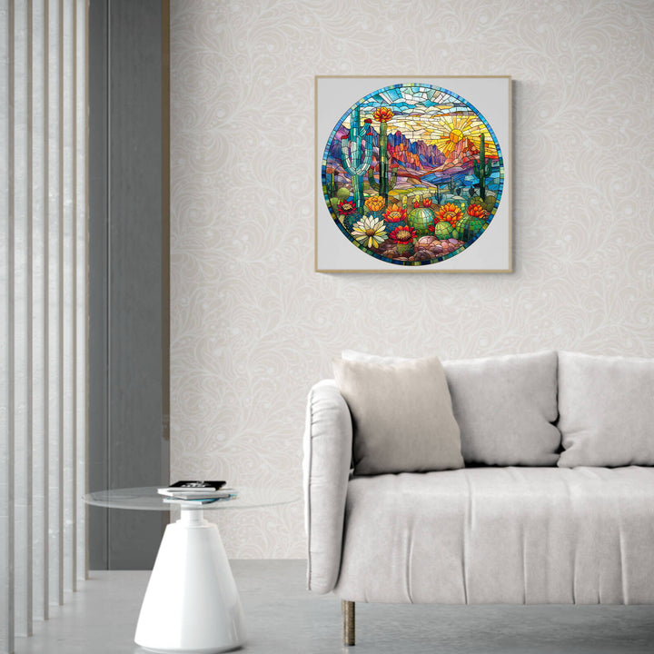 Colorful Stained Glass Cactus puzzle art displayed in a stylish living room setting.