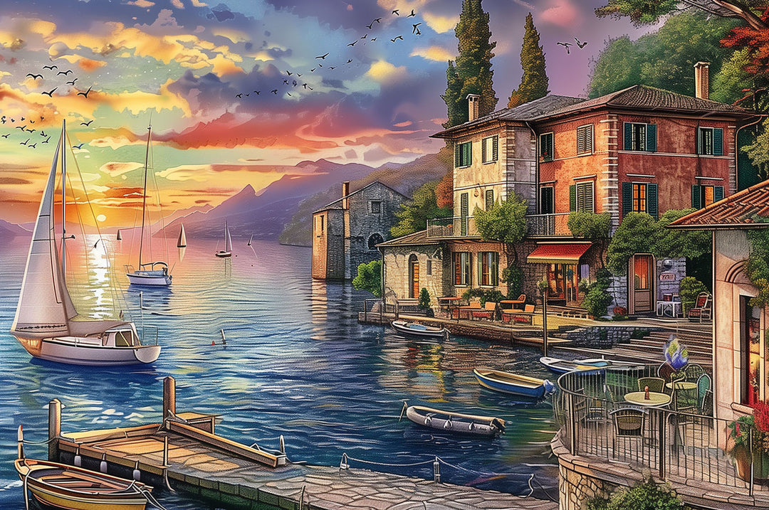 Beautiful sunset over a peaceful lake with boats, featuring charming houses and vivid colors in the Golden Twilight Haven puzzle.