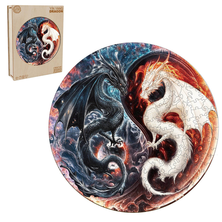 Yin Yang Dragon Wooden Jigsaw Puzzle featuring black and white dragons in a circular design, ideal for mind games and focus.