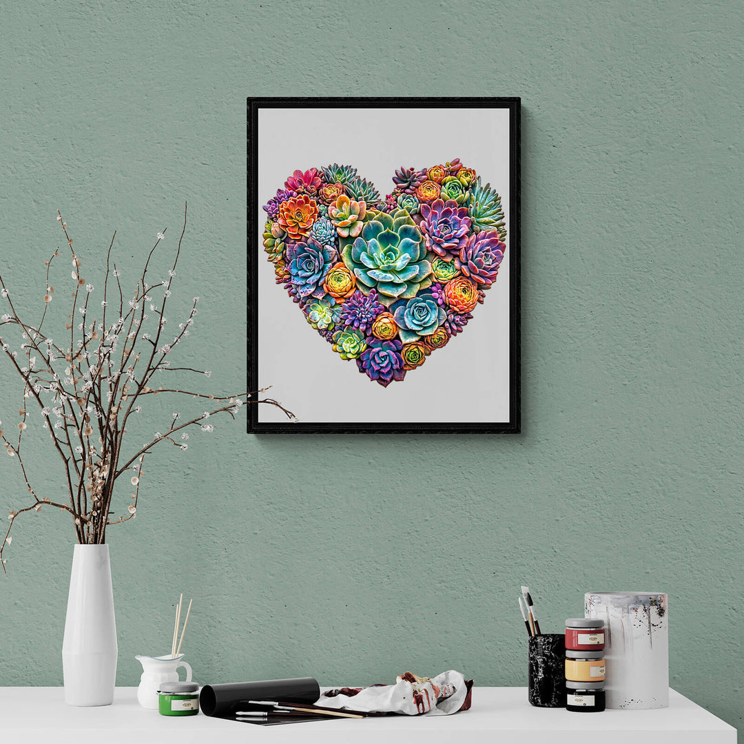 Colorful heart-shaped succulent art piece in a stylish frame, enhancing home decor and creativity.