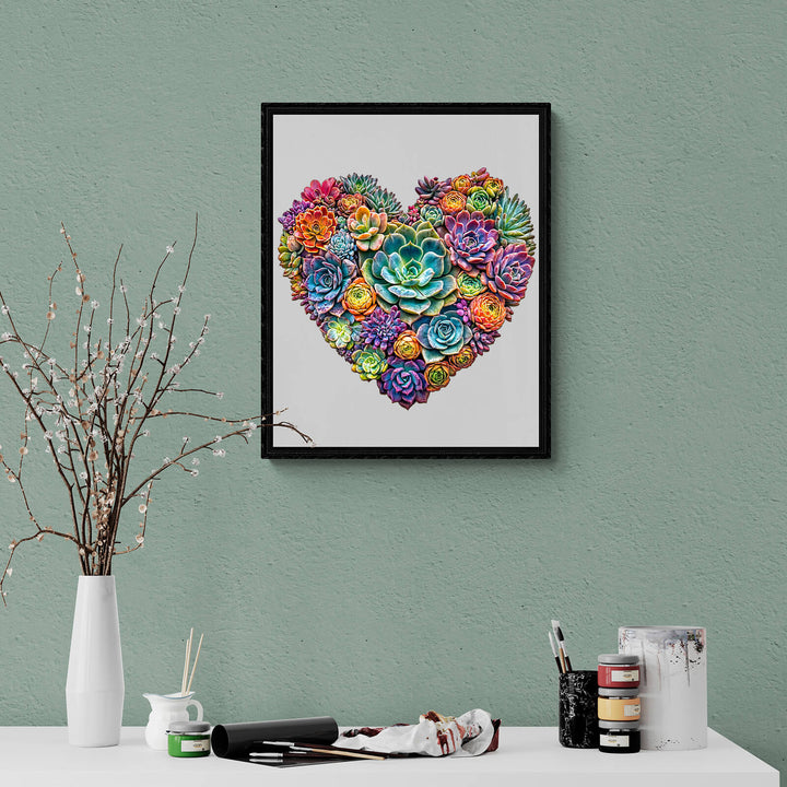 Colorful heart-shaped succulent art piece in a stylish frame, enhancing home decor and creativity.