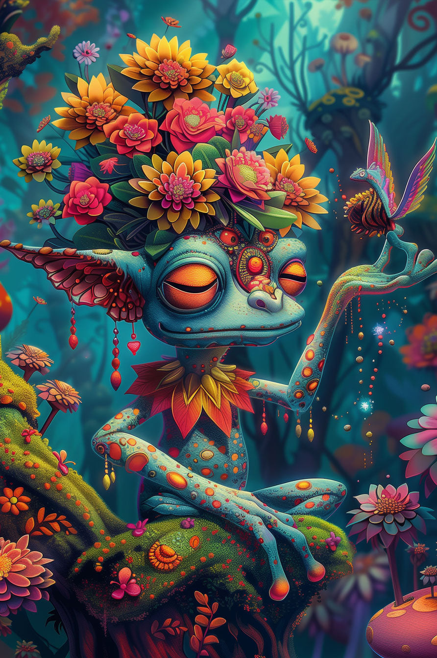 Whimsical forest creature surrounded by colorful flowers and flora, embodying a magical, serene atmosphere.