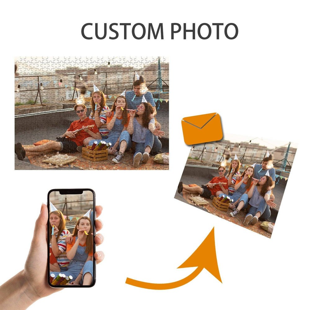 Custom photo puzzle creation with a smartphone and assembled jigsaw pieces showcasing friends' memories.