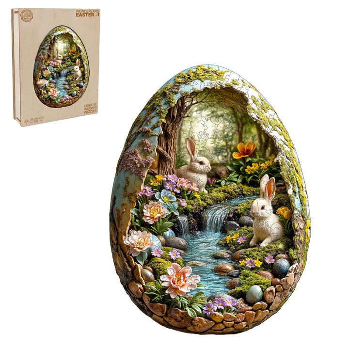 3D Wonderland Easter wooden jigsaw puzzle featuring a scenic egg design with rabbits and flowers, promoting mindfulness and focus.