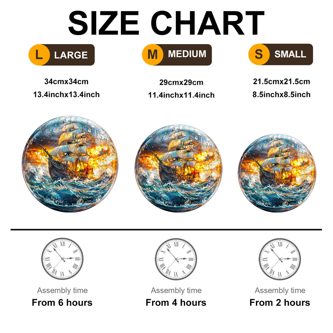 Size chart for Stormy Voyage wooden jigsaw puzzle showing large, medium, and small dimensions and assembly times.