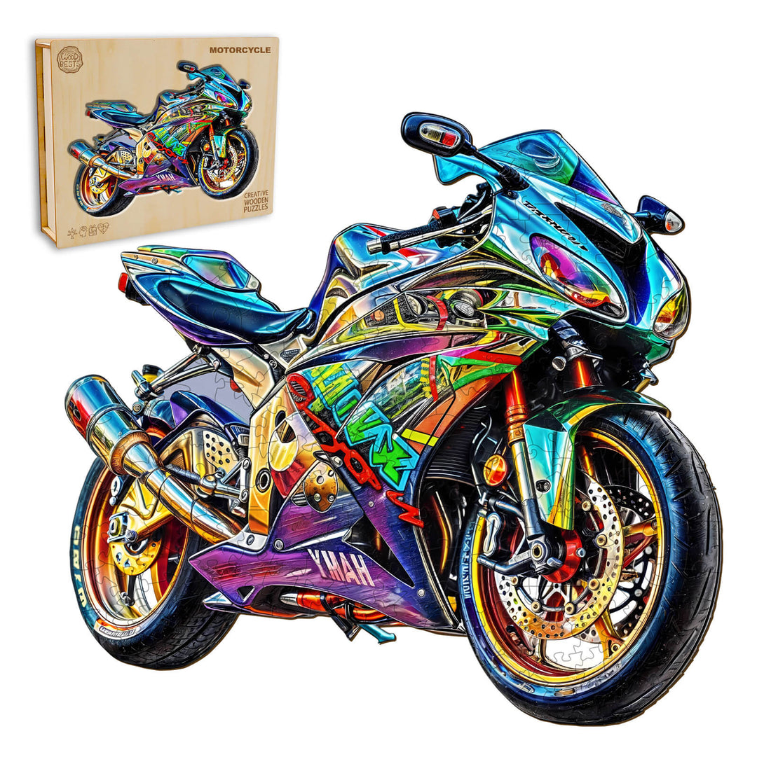 Vibrant motorcycle wooden jigsaw puzzle showcasing colorful graphics and design for mind games and focus development.