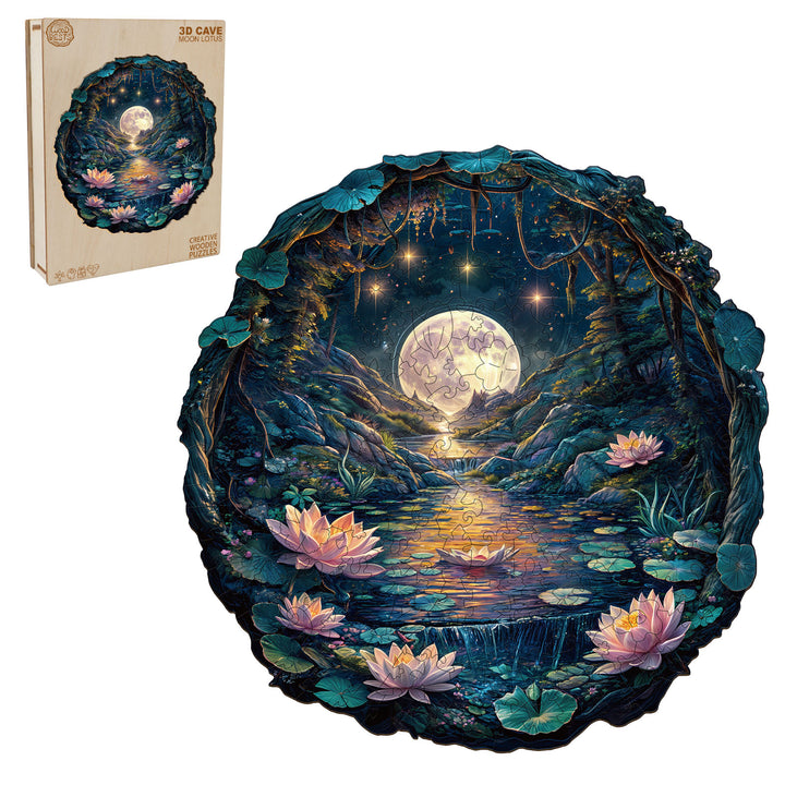 3D Cave Moon Lotus Wooden Jigsaw Puzzle featuring a moonlit cave and blooming lotus flowers.