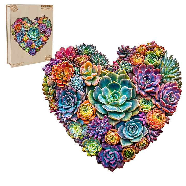 Colorful Heartfelt Succulents wooden jigsaw puzzle, perfect for mind games and enhancing focus and intelligence.