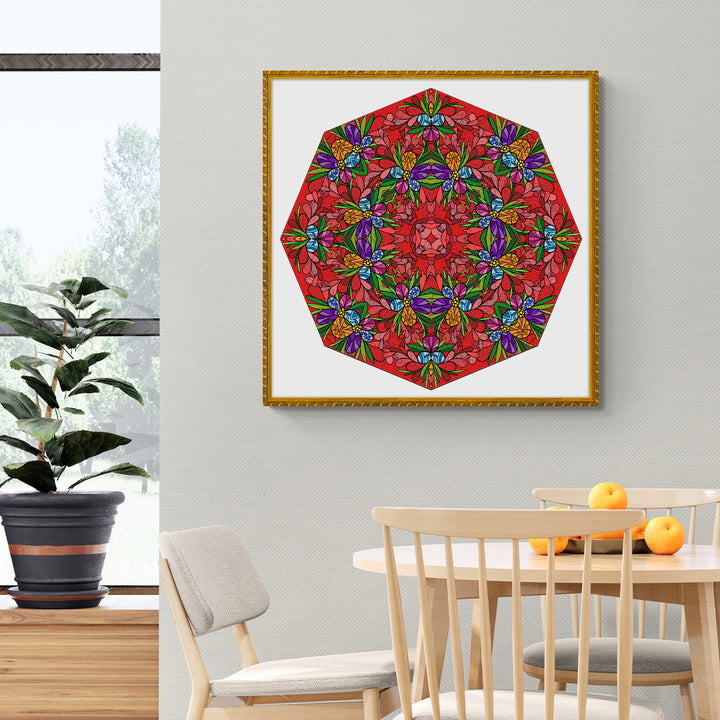 Doodle art titled 'Bursting Blooms' by Lori Anne McKague displayed in a modern interior with plants and dining furniture.