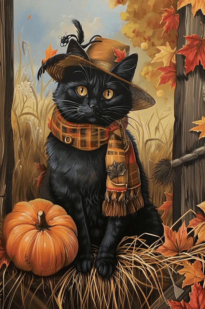 Black cat in a hat and scarf sitting on hay with pumpkin and autumn leaves in the background.