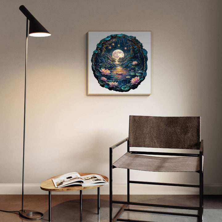 3D wooden puzzle featuring moonlit cave and lotus flowers, perfect for home décor.