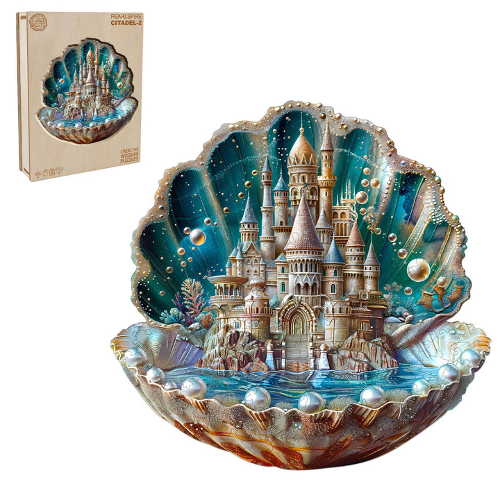 Pearlspire Citadel-2 wooden jigsaw puzzle showcasing a stunning castle in a shell design, perfect for focused puzzle enthusiasts.