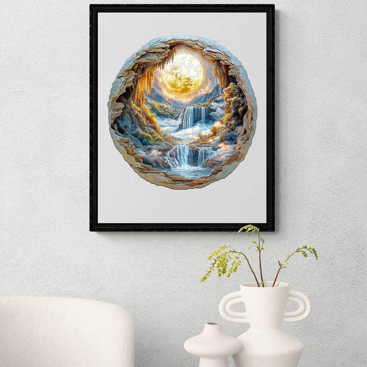 Framed artwork depicting a scenic waterfall and a glowing sun, enhancing living space with artistic charm.