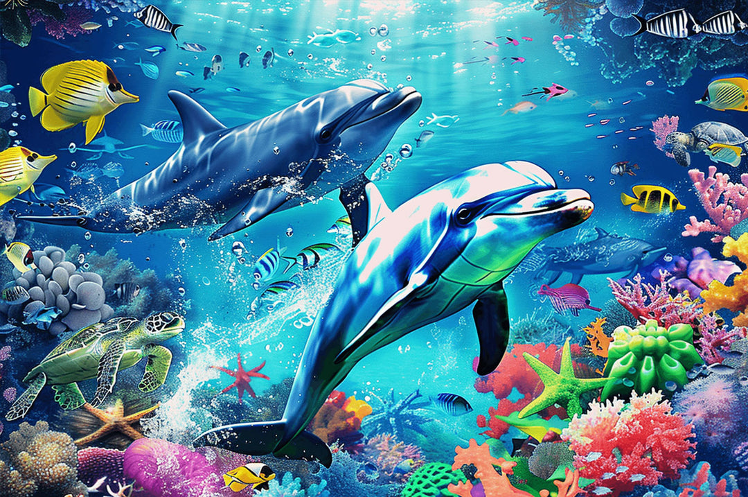 Vibrant underwater scene featuring dolphins, colorful fish, and coral, ideal for the Undersea Paradise puzzle.