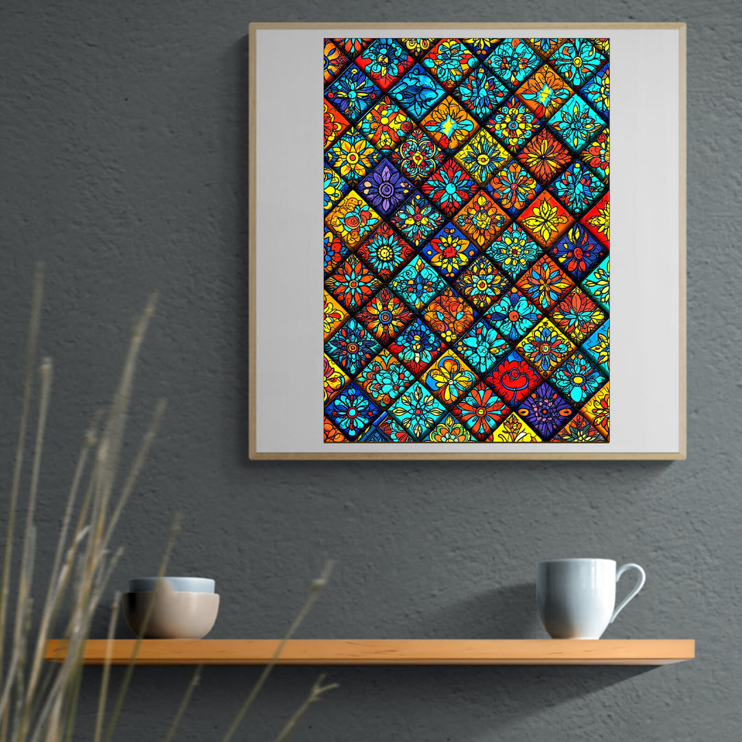 Colorful Mandala Kaleidoscope-1 artwork on display above minimalist shelf with mugs.