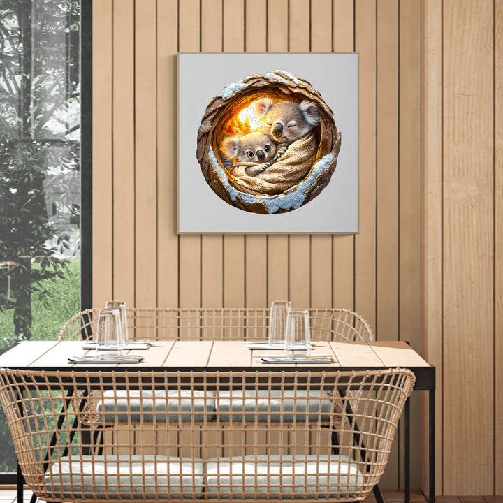 Cozy wooden jigsaw puzzle themed artwork featuring baby koalas in a nest, perfect for modern home decor.