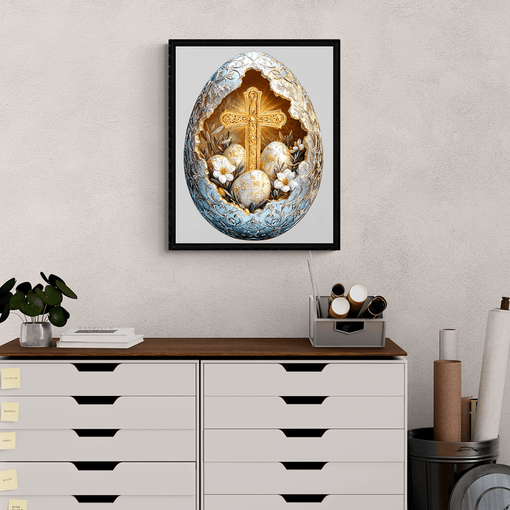 Decorative Easter-themed artwork featuring an ornate egg with a cross and flowers, displayed on a modern shelf.