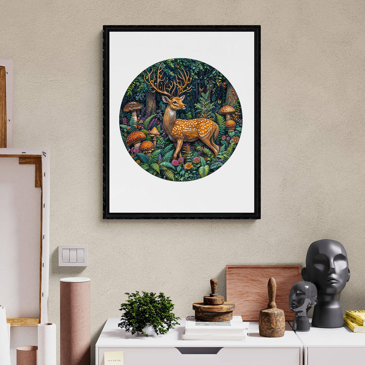 A framed art print of a deer among colorful mushrooms and trees in a circular design, displayed on a modern shelf.