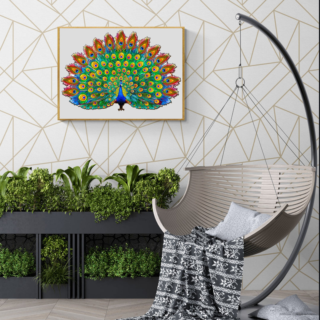 Beautiful peacock wooden jigsaw puzzle displayed in a modern home interior with plants and cozy seating.