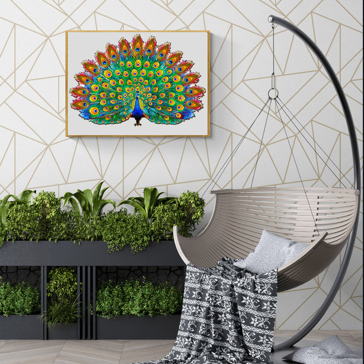 Beautiful peacock wooden jigsaw puzzle displayed in a modern home interior with plants and cozy seating.