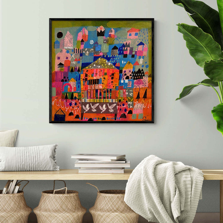 This Shall Pass artwork by Shirin Moarefi, vibrant village scene with colorful houses and nature elements, perfect for artistic inspiration.