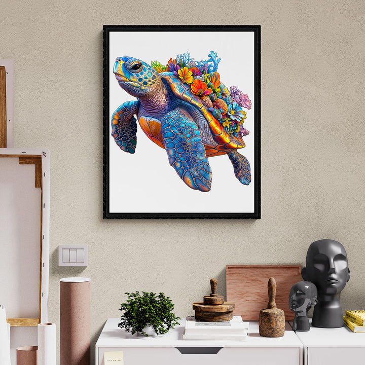 Vibrant turtle artwork adorned with flowers, displayed in a modern interior setting, showcasing creativity.