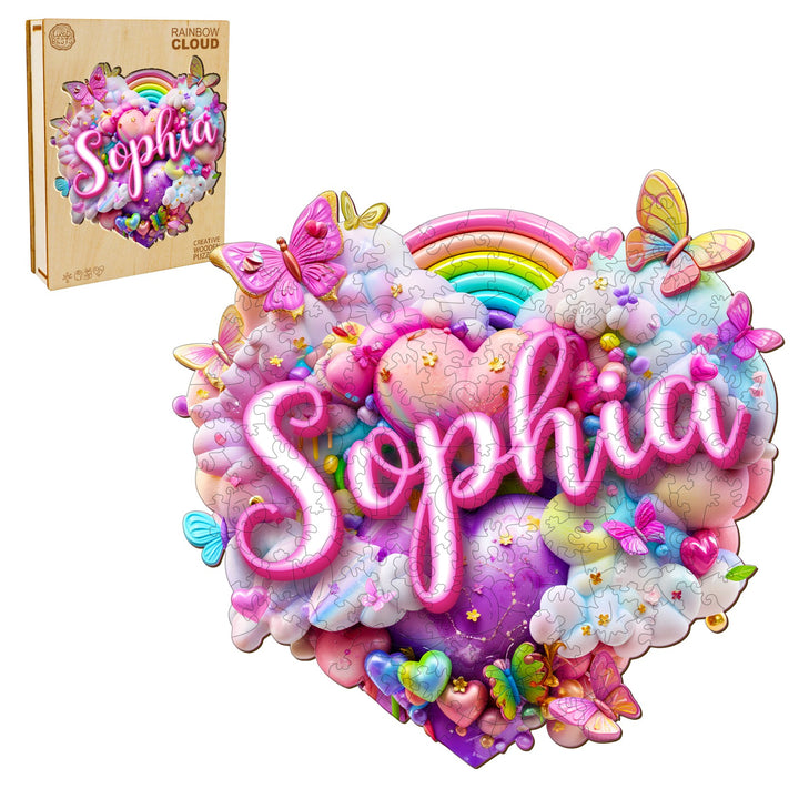 Rainbow Cloud Custom Name Wooden Jigsaw Puzzle featuring 'Sophia', vibrant colors, heart shape, and butterfly accents.
