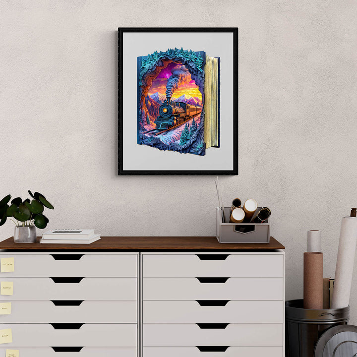 3D Aurora Train wooden jigsaw puzzle illustration featuring a train in a colorful landscape, framed on a wall.