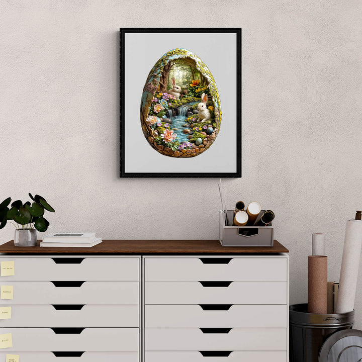 3D Wonderland Easter wooden jigsaw puzzle featuring a scenic egg displayed on a shelf with decorative elements.