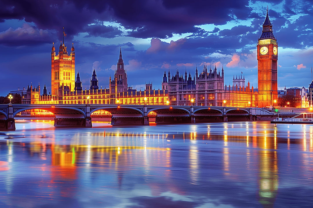 London Riverside Sunset jigsaw puzzle image featuring iconic landmarks with vibrant evening colors.