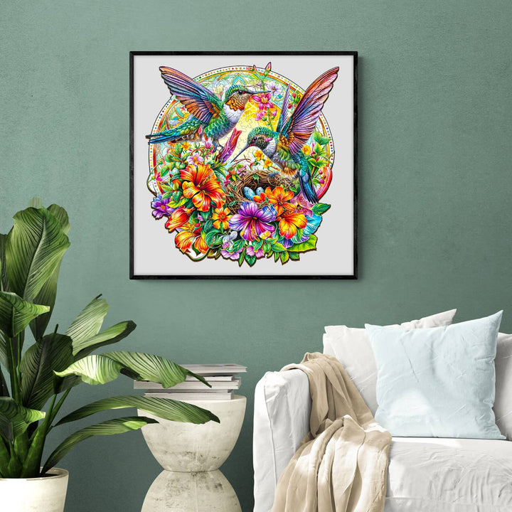 Vibrant Hummingbird Haven wooden jigsaw puzzle with colorful flowers, perfect for enhancing focus and mental skills.