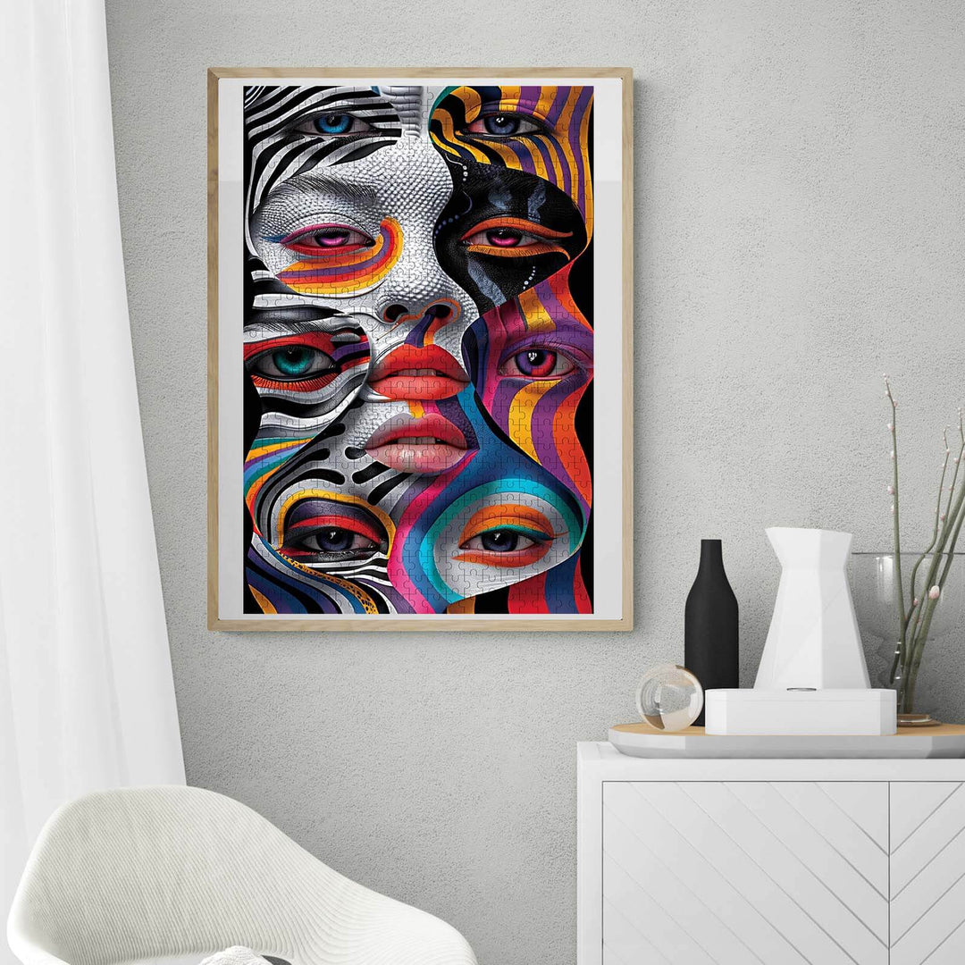 Vibrant psychedelic art featuring colorful faces with unique patterns, perfect for modern home decor.