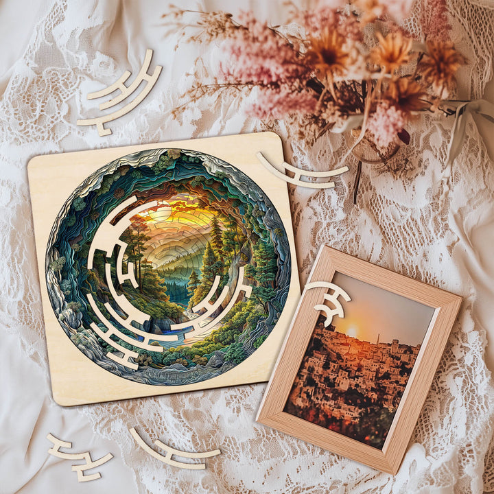 Maze Puzzles—Green Stream laid on lace with decorative pieces, showcasing puzzle pieces and scenic artwork for mind games.