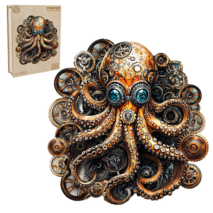 Steampunk Doctor Octopus wooden jigsaw puzzle with intricate gears and tentacles, promoting focus and smart gaming.