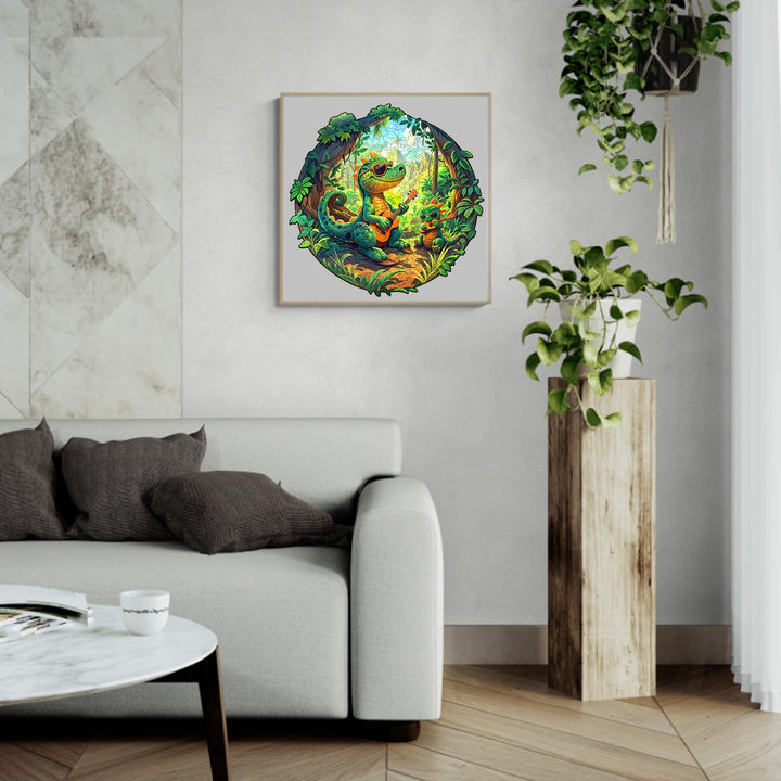 Vibrant Rock Dinosaur-1 wooden jigsaw puzzle artwork featuring a playful dinosaur in lush greenery, displayed in a modern living room.
