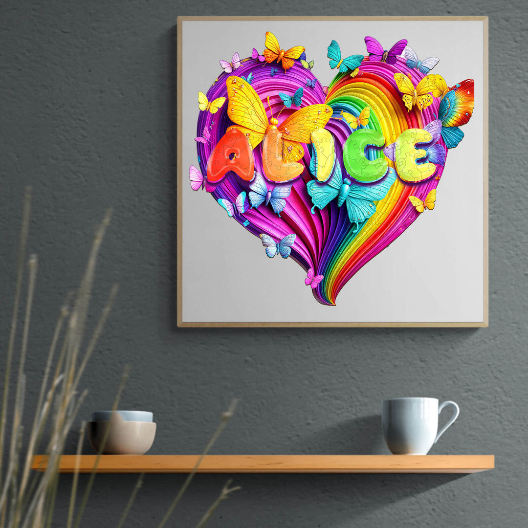 Colorful heart jigsaw puzzle with butterflies and the name 'Alice' in vibrant lettering, perfect for kids.