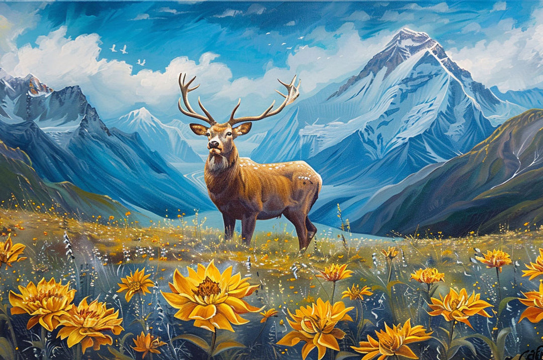 A majestic elk stands in a vibrant flower field with mountains in the background, perfect for nature lovers.