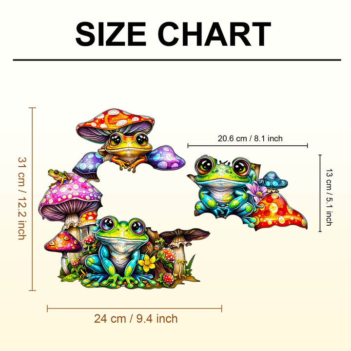 Size chart for Party Puzzle-Frog Family featuring colorful frogs and mushrooms with dimensions.