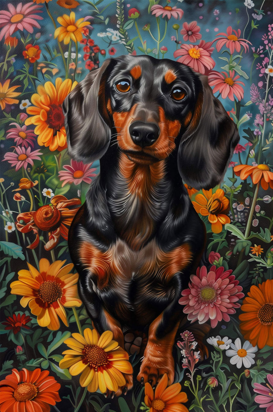 Dachshund in vibrant flowers puzzle depicting a cute black and tan dog surrounded by colorful blooms.