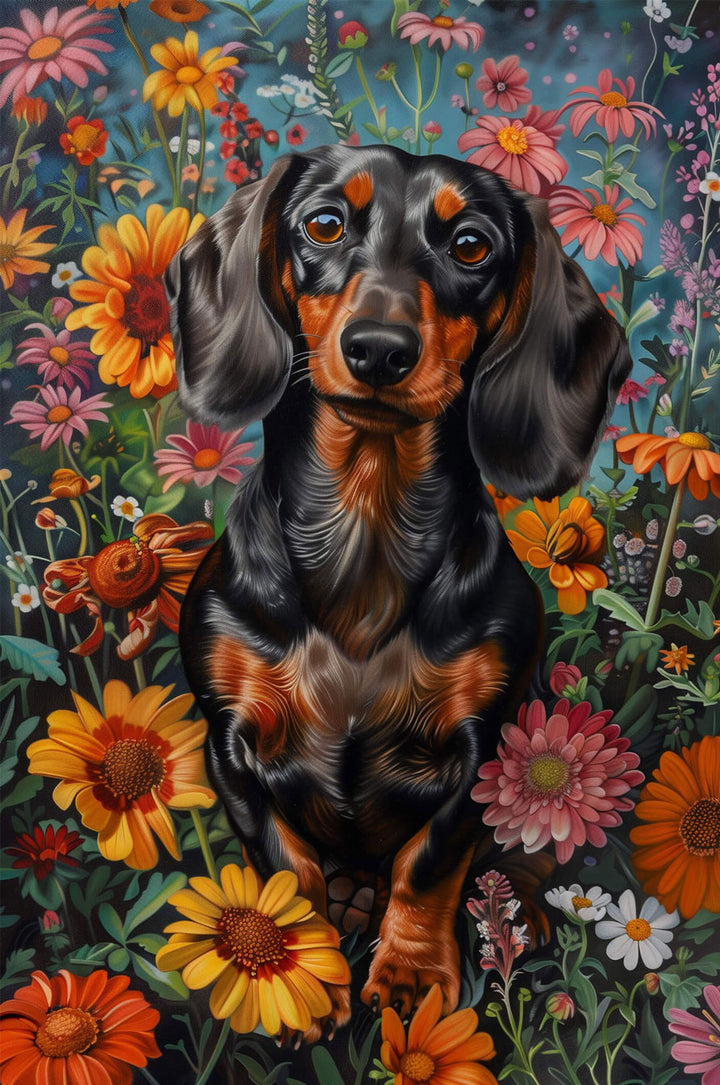 Dachshund in vibrant flowers puzzle depicting a cute black and tan dog surrounded by colorful blooms.