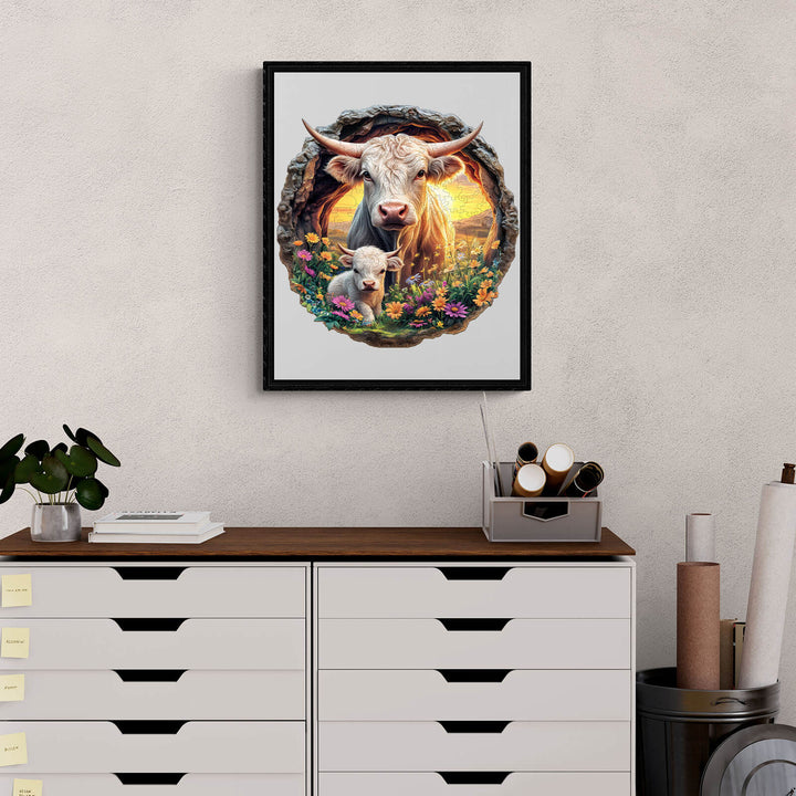 Framed Cattle Family Wooden Jigsaw Puzzle artwork featuring a cow and calf in a floral scene.