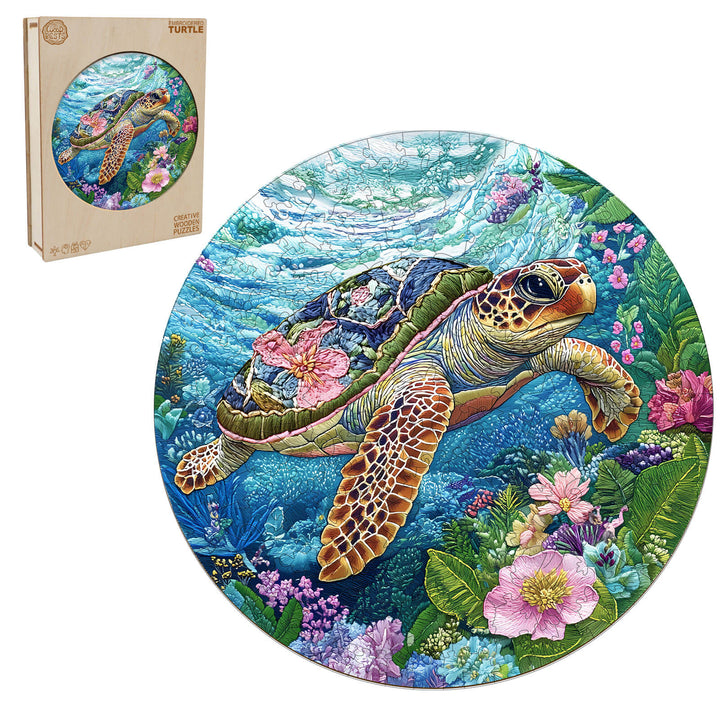 Embroidered Turtle Wooden Jigsaw Puzzle featuring a vibrant turtle design amid colorful flowers and ocean scenery.