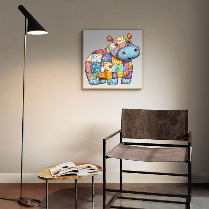 Colorful Patchwork Hippo wooden jigsaw puzzle art displayed in a modern living room setting with a chair and lamp.
